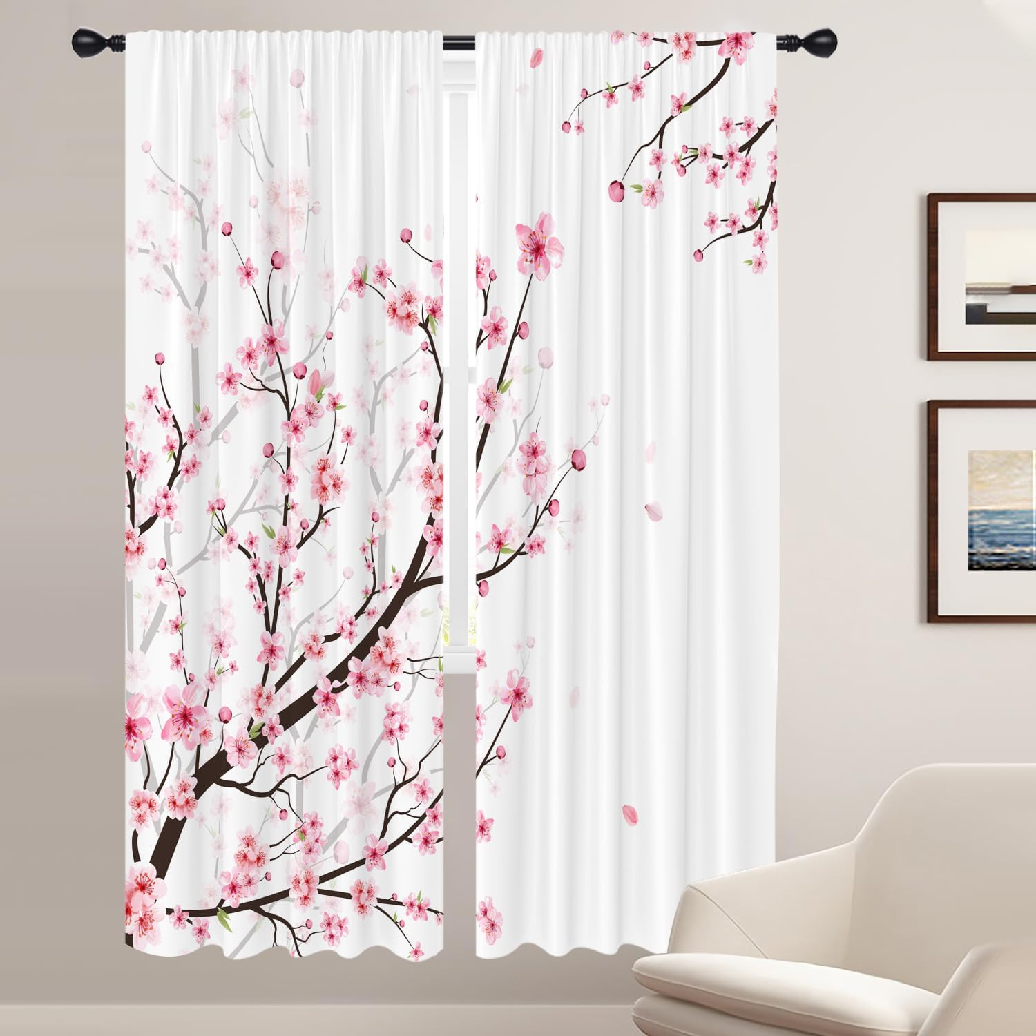 Pink Cherry Blossom Window Curtains for Bedroom 42 X 84 Inch Rod Pocket Japanese
