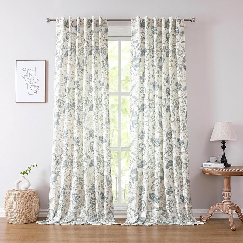 Jacobean Floral Light Filtering Linen Curtains Heavy Fabric Drapes 2 Pack New
