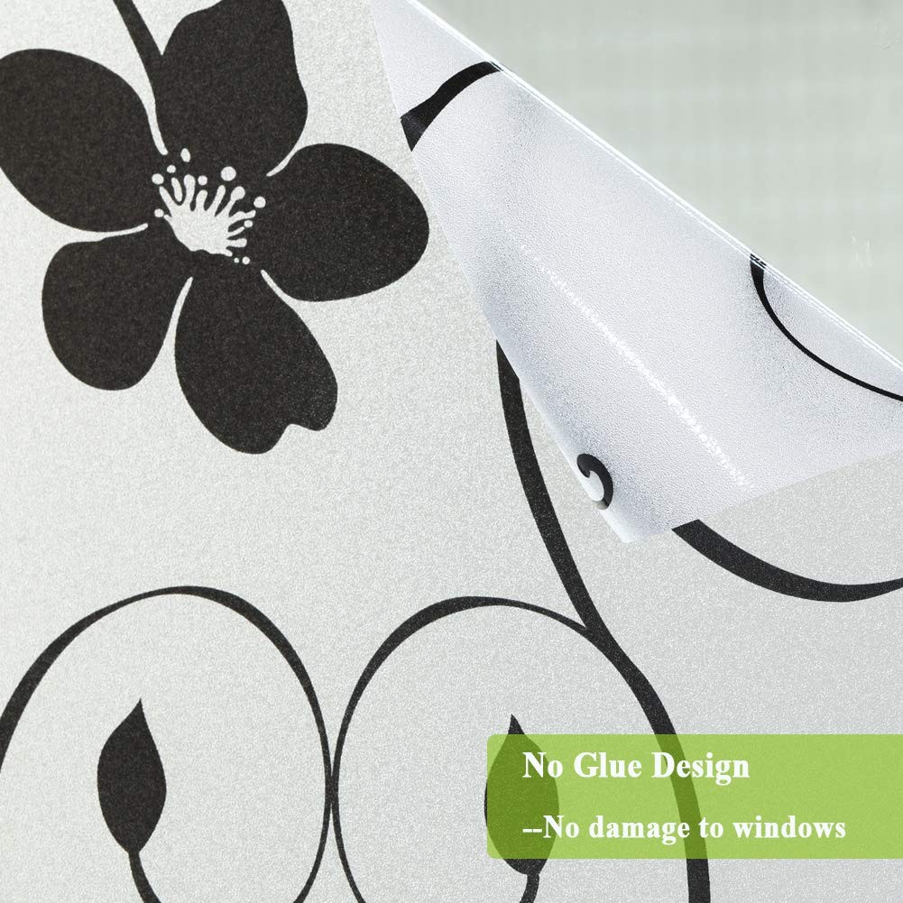 Decorative Window Film,Black Flower Static Cling Privacy Door Film, Non Adhes…