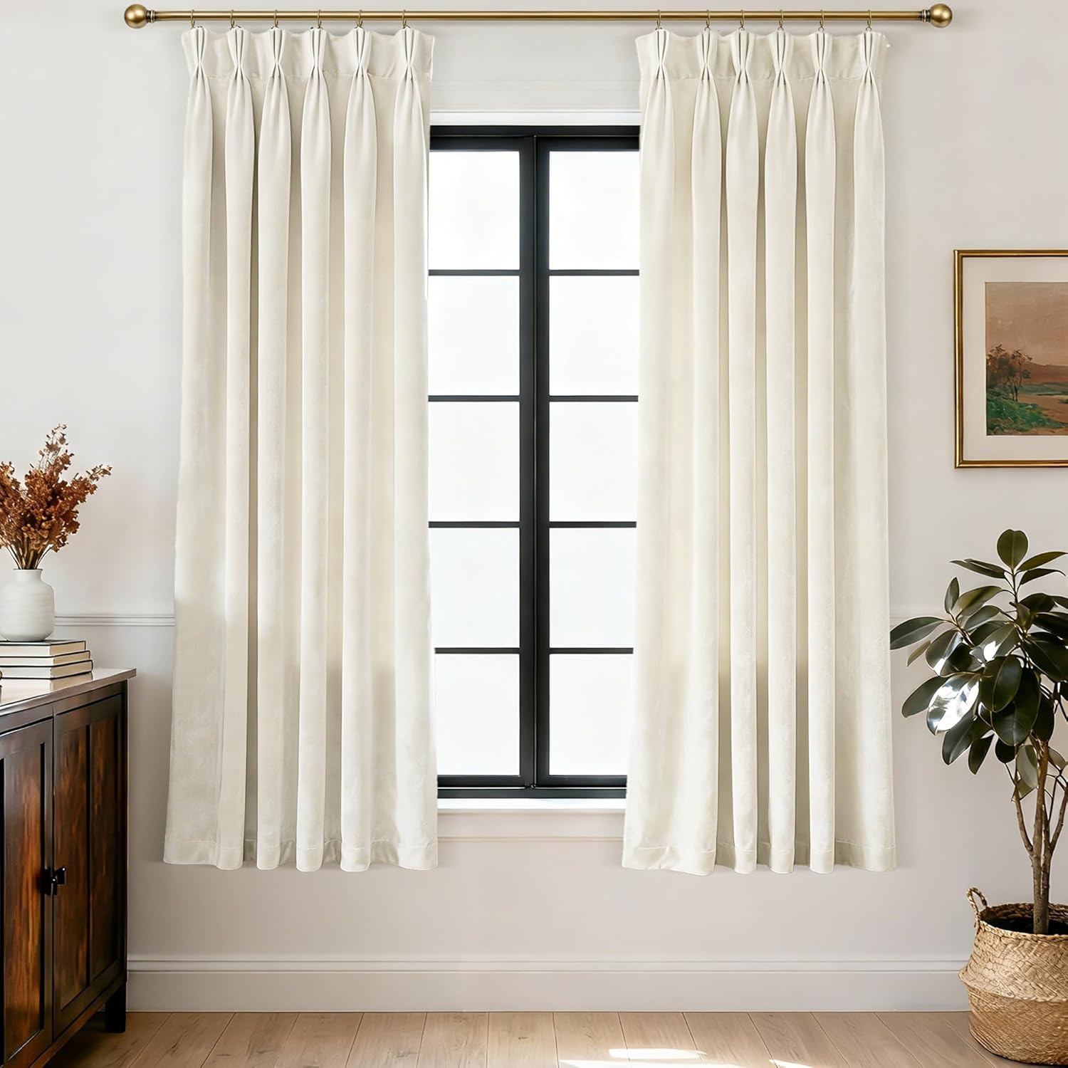 Triple Pinch Pleated Beige White Velvet Curtains 63 inches Long Living Room Dark