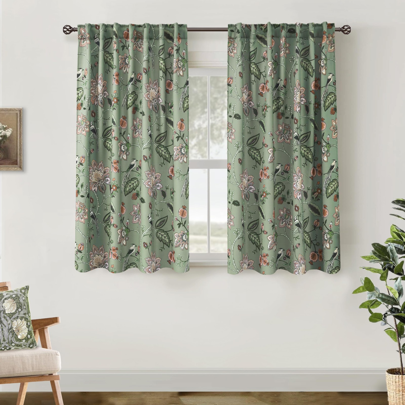 Lino Rosa Short Floral Patterned Blackout Curtains for Bedroom, Decorative Black