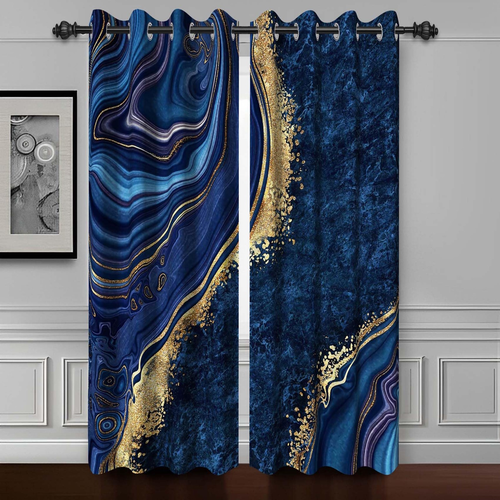 Baocicco Navy Blue Gold Marble Blackout Window Curtains For Bedroom Art Liquid
