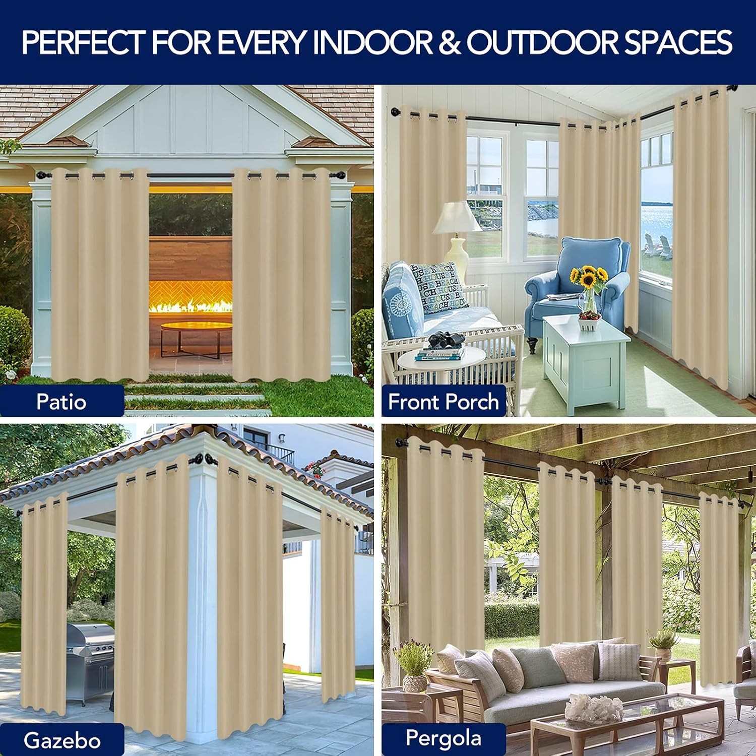 Outdoor Curtains for Patio Waterproof Weatherproof, UV and Fade Resistant Outsid