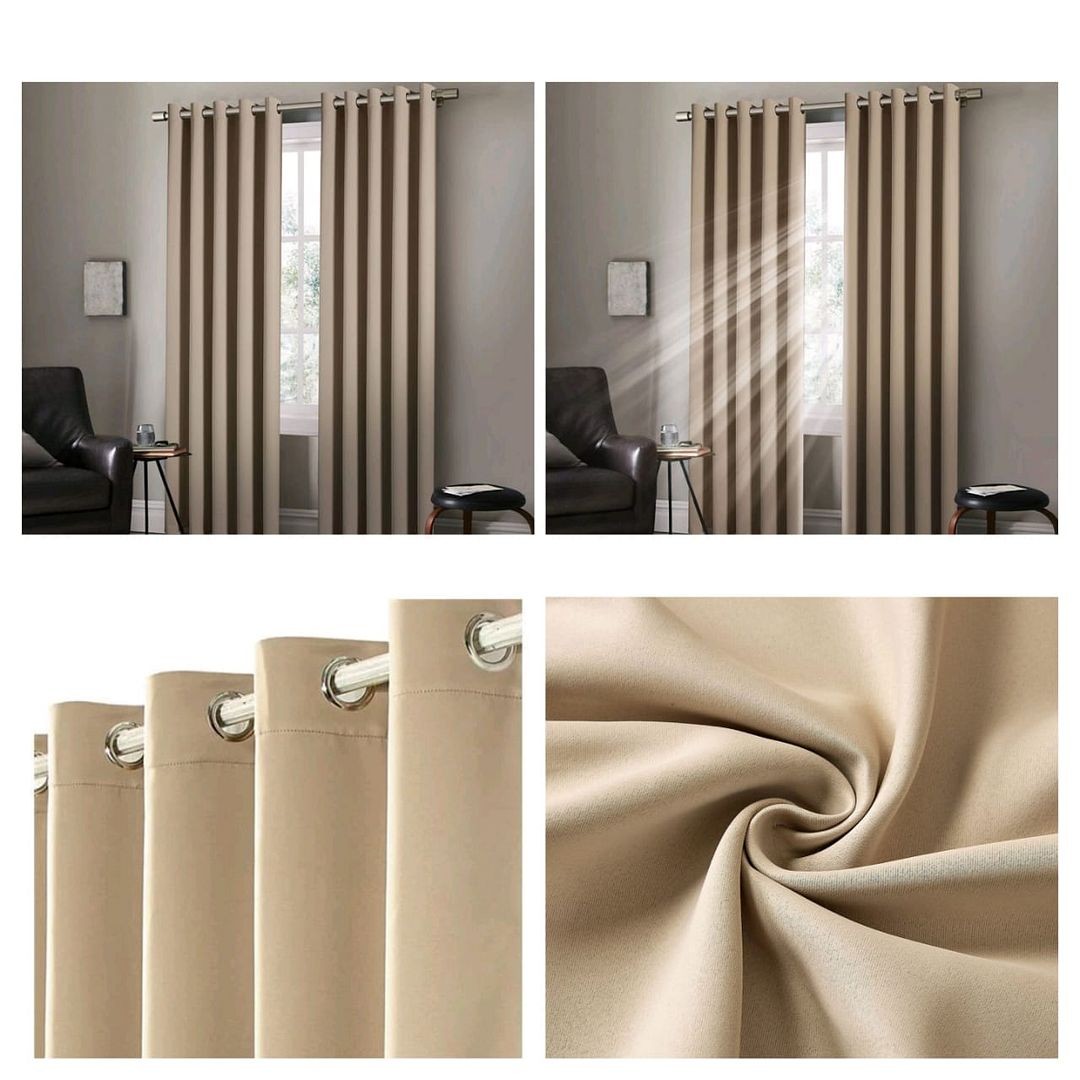 EYELET Ring Top Plain Thermal Beige BLACKOUT LINED Curtains with Tie Backs