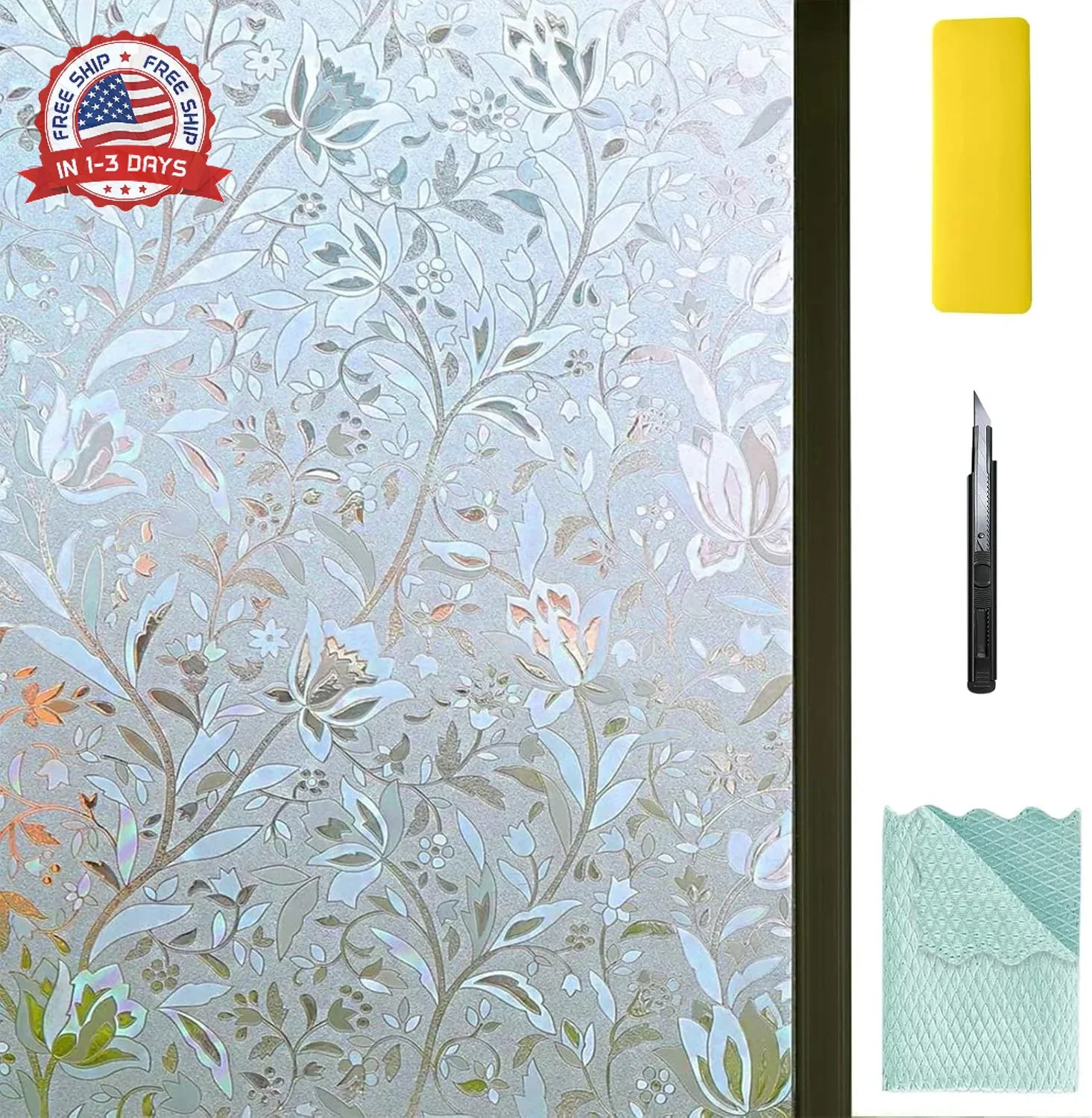 NIVIY Window Privacy Film with Installation Tools, Bathroom Stained Glass Decora
