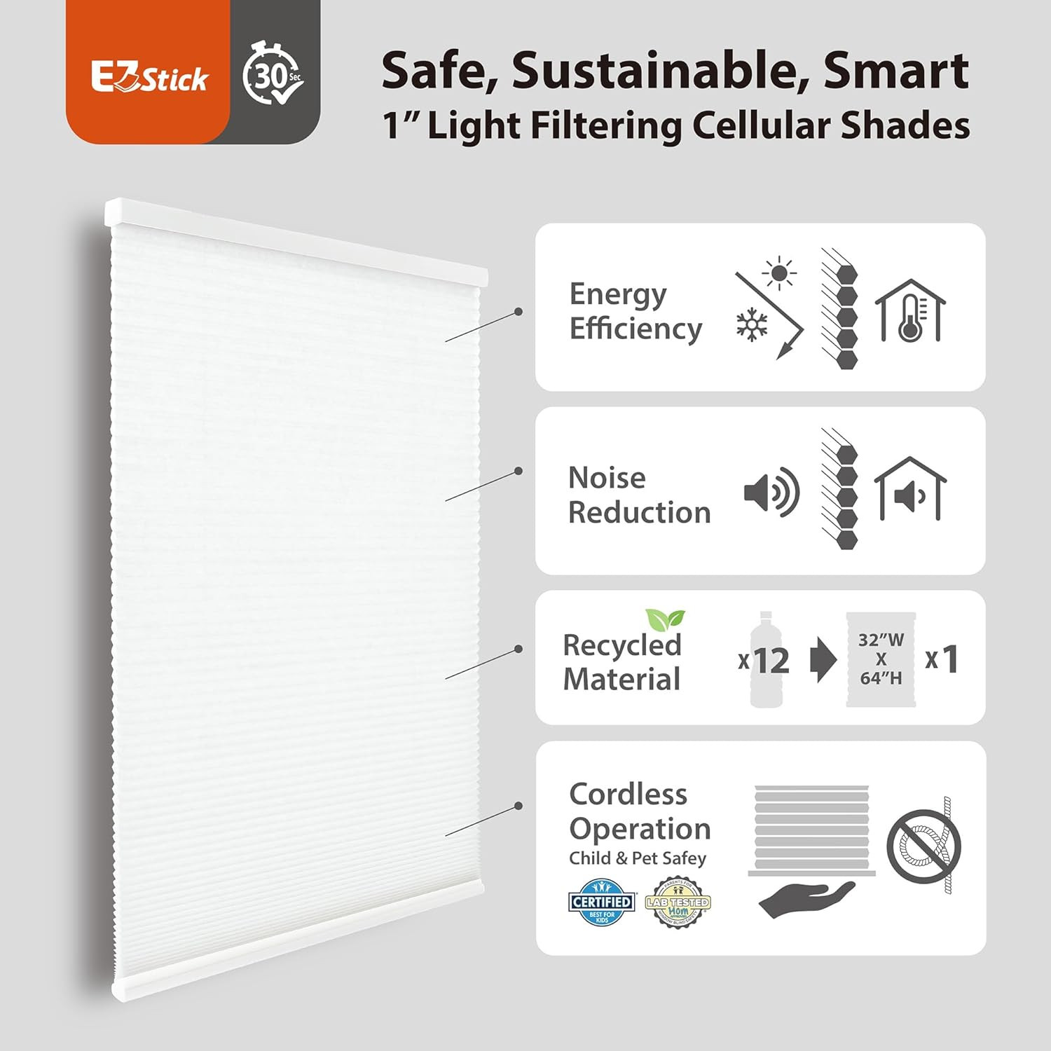 EZ Stick Cordless 1″ Light Filtering Cellular Shade, 32″ W x 72″ H, White