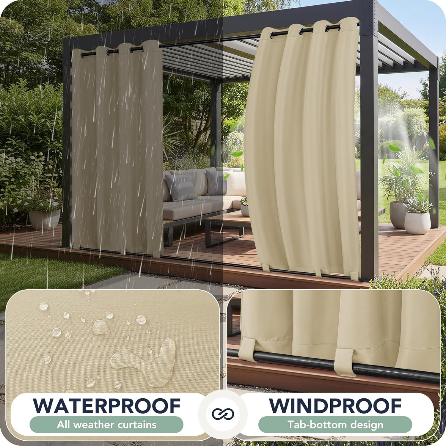 Waterproof Outdoor Curtains for Patio – 6 Panels, Cream, 54×84 Inch