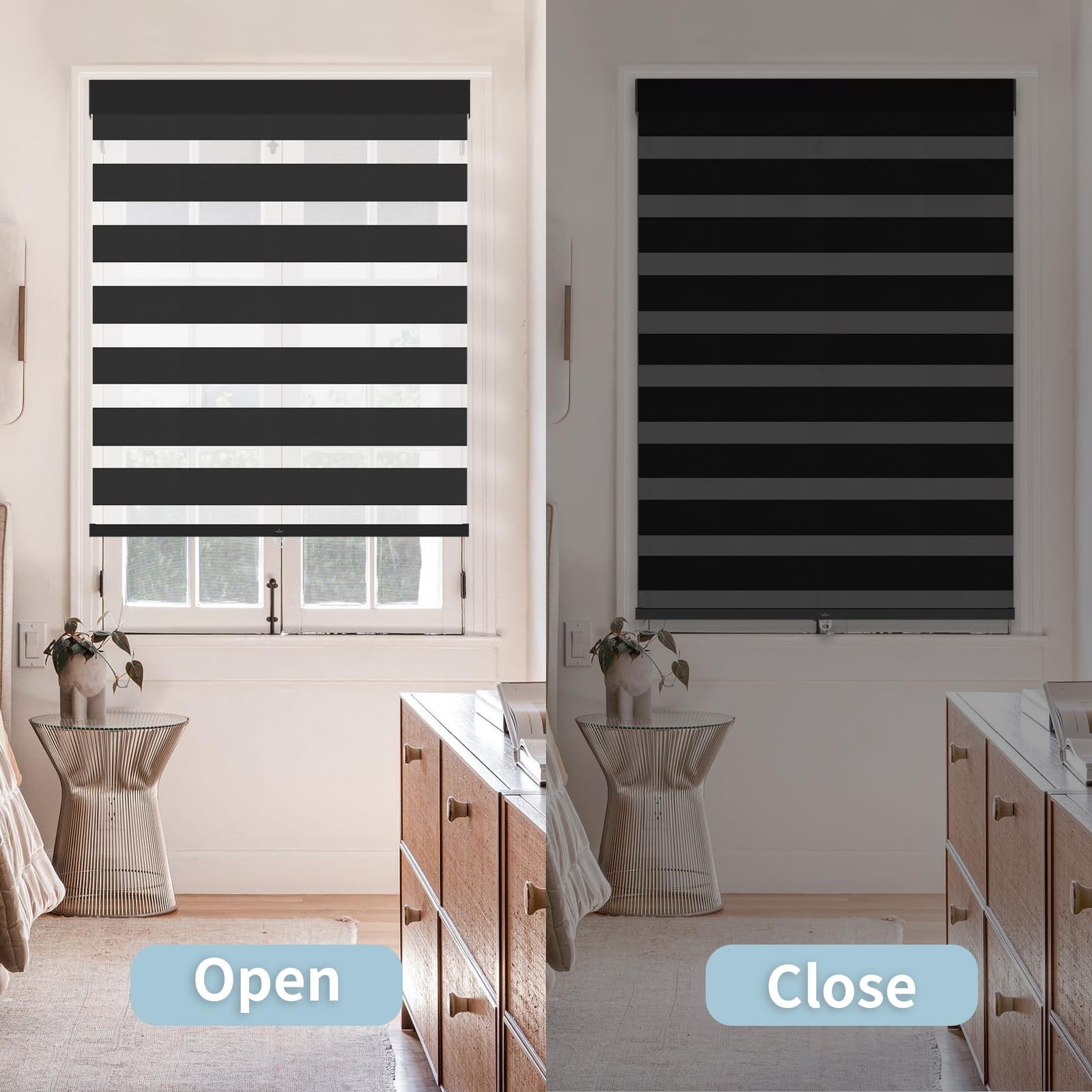 Cordless Zebra Blinds for Windows (40″ W X 72″ H, Black) -Stop Zebra Roller S…