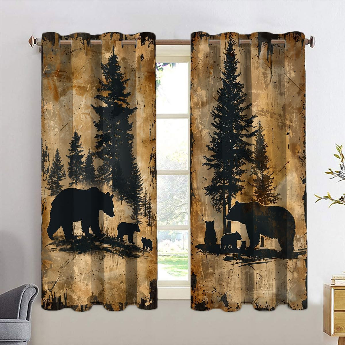 Rustic Bear Window Curtains for Kid Girls Boys Bedroom Vintage Cabin Wildlife An