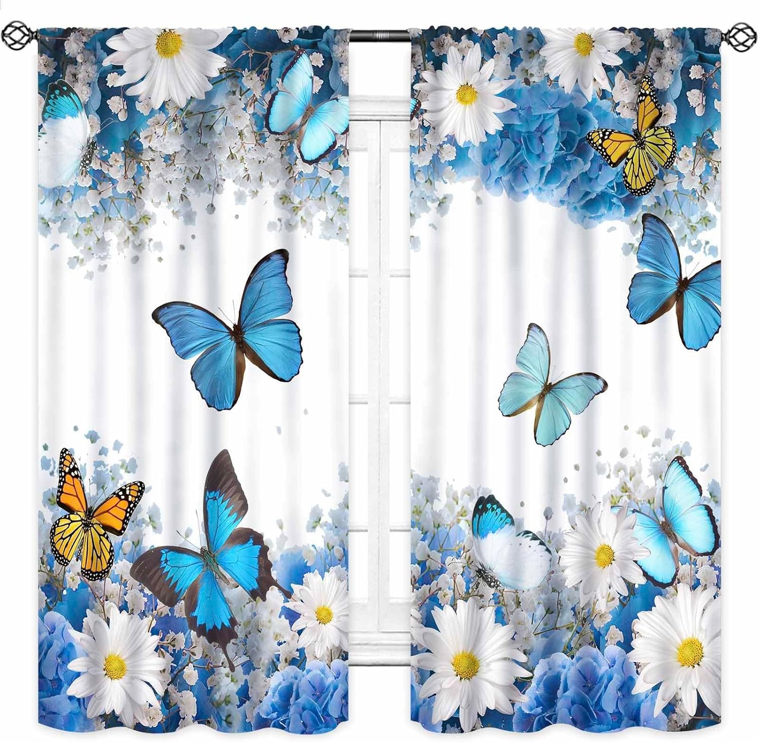Blue Butterfly Curtain for Kitchen,Spring Country Plants Butterfly Wildflowers