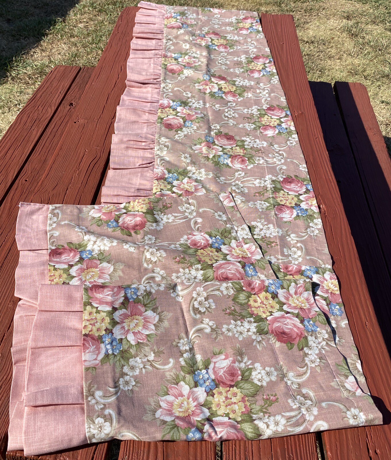 Roses Valance Ruffled Poly/Cotton Floral Shabby Chic Layers Linen Look 120” VGC