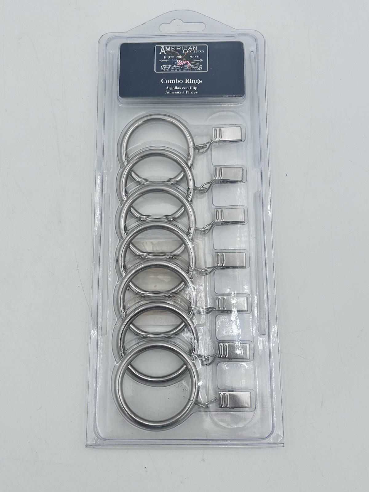 American Living Combo Rings with Clips Silver Chrome Metal 7 Pk ~1.4″D Curtains