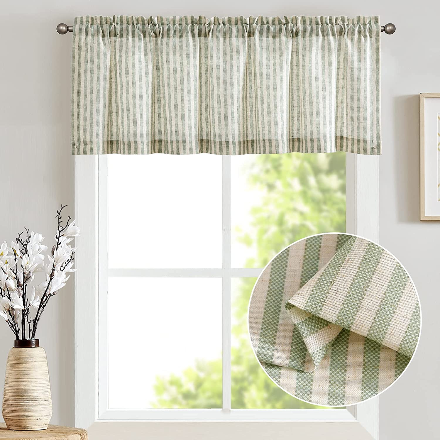 Linen Boxter Stripe Valances for Window 16 Inch,Sage Green,1 Panel | Light Filte