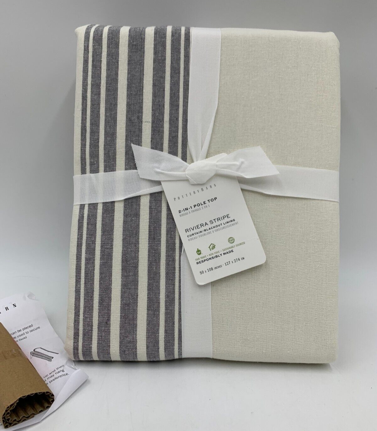 Pottery Barn Riviera Striped Drape Panel Curtain Blackout 108″ Charcoal #Q117