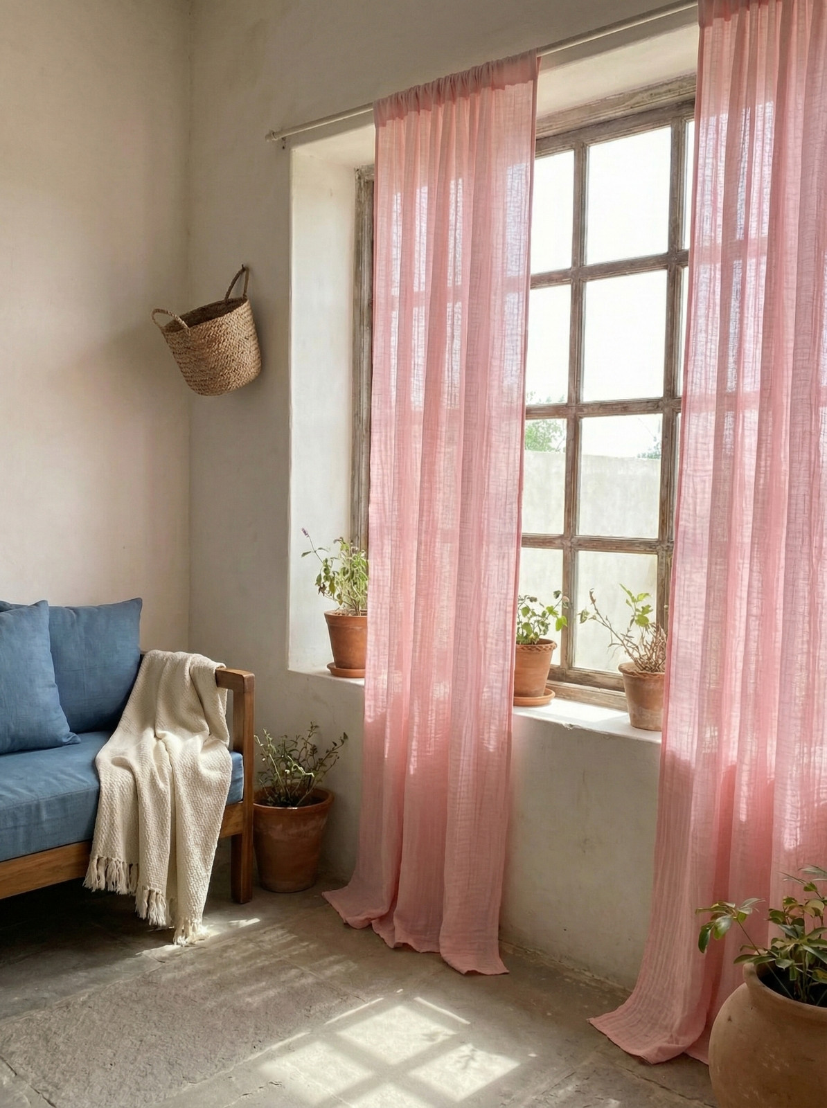 Peach Crinkled Muslin Window Curtain Living Room Living Room Drapes One Panel