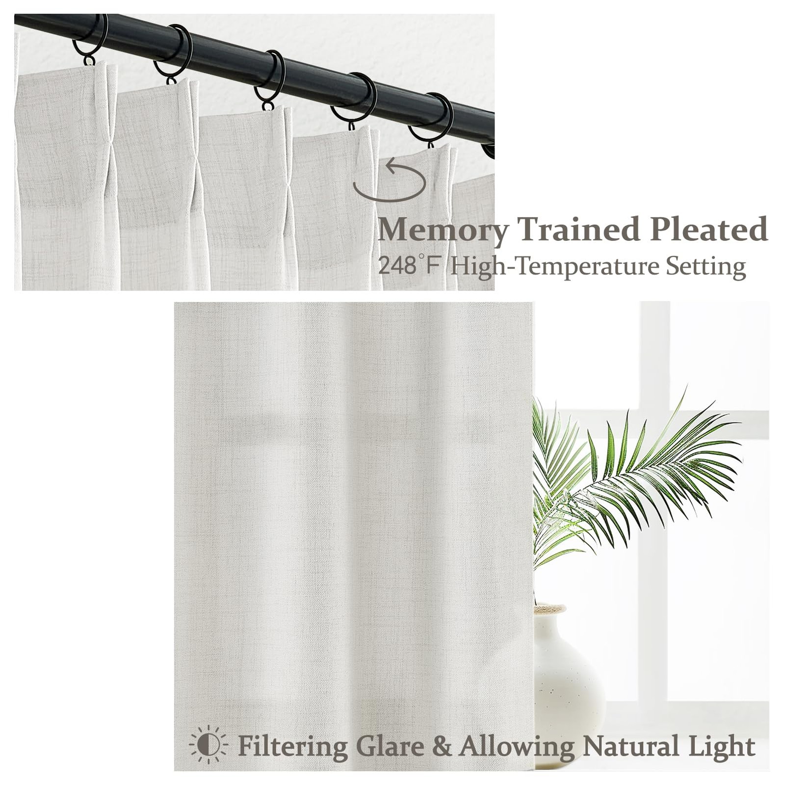 PleatedDrapes Beige White Sheer Linen Curtains 96 Inches Long for Bedroom, Ne…