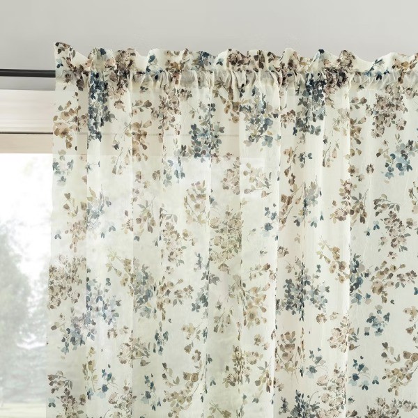 51"x63" Alethea Floral Print Crushed Sheer Voile Rod Pocket Curtain