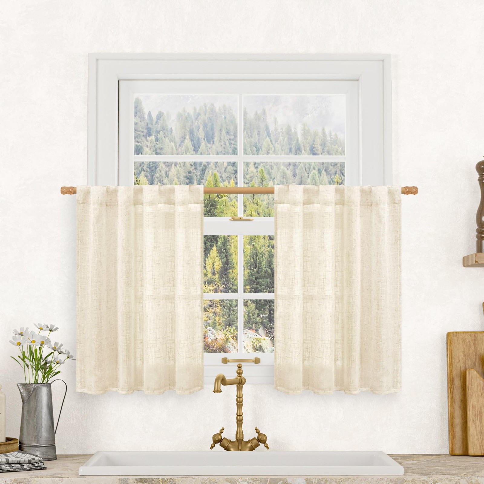 LAMIT Short Linen Window Curtains 30″L 2 Panels, Beige Semi Sheer