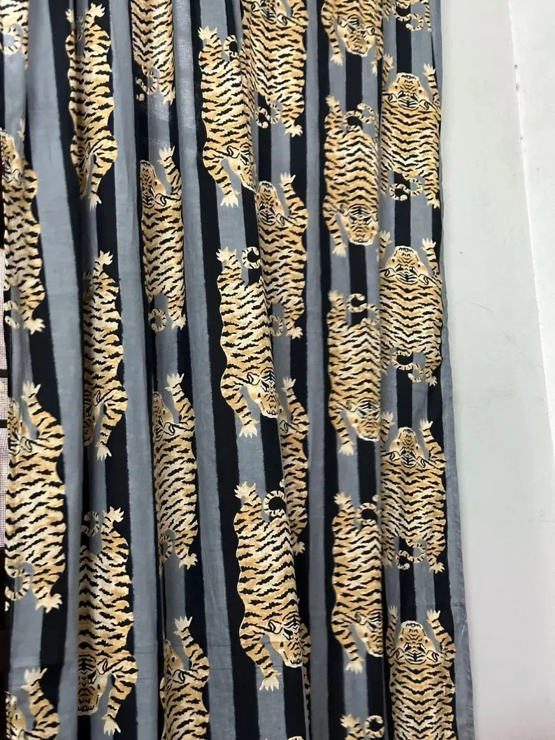 Tiger Print Curtains Black Grey Set of 2 Panels Boho Drapes Tie Back Blackout
