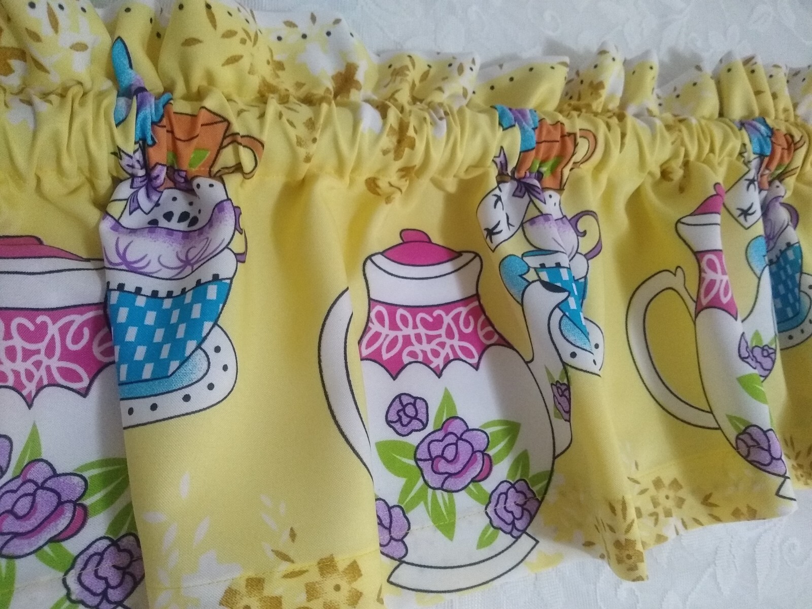 Teapot Kitchen Valance 12″ & 14″ Teacup Prints Teatime Lined Kitchen Valance