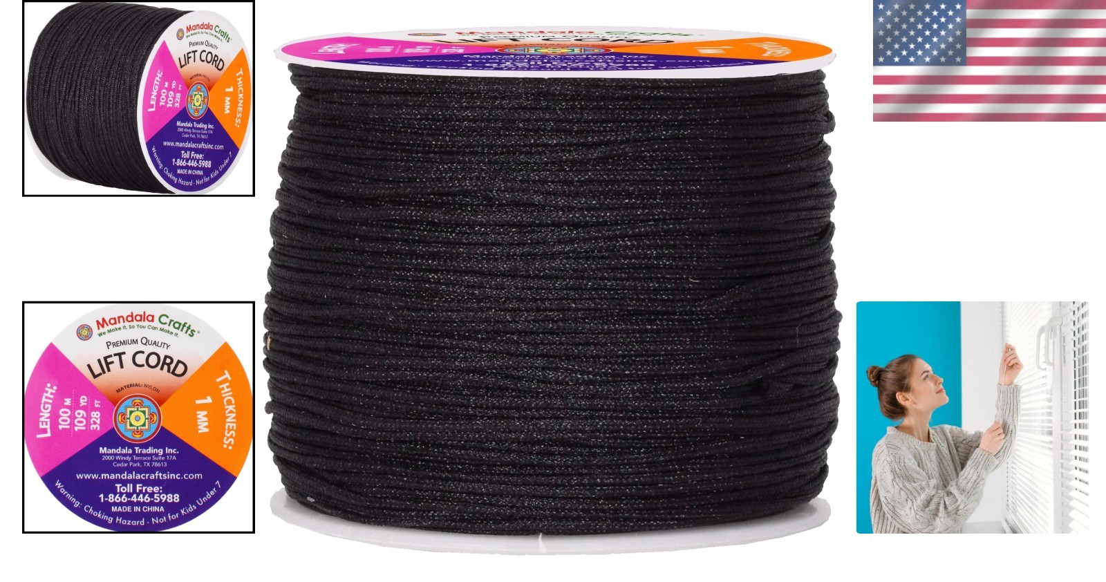 1mm Black Blind Strings Lift Shade Cord 109 Yards Braided Nylon for Replacement