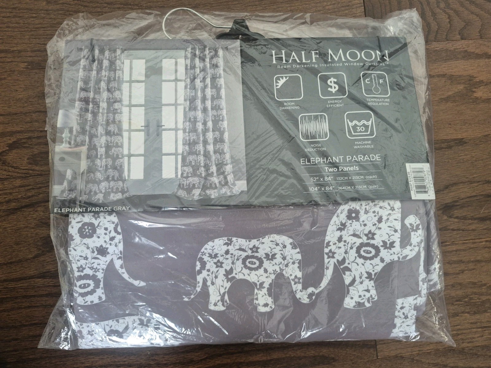 Half Moon Elephant Parade Two panels 52 X 84 Light Filtering Grey White New