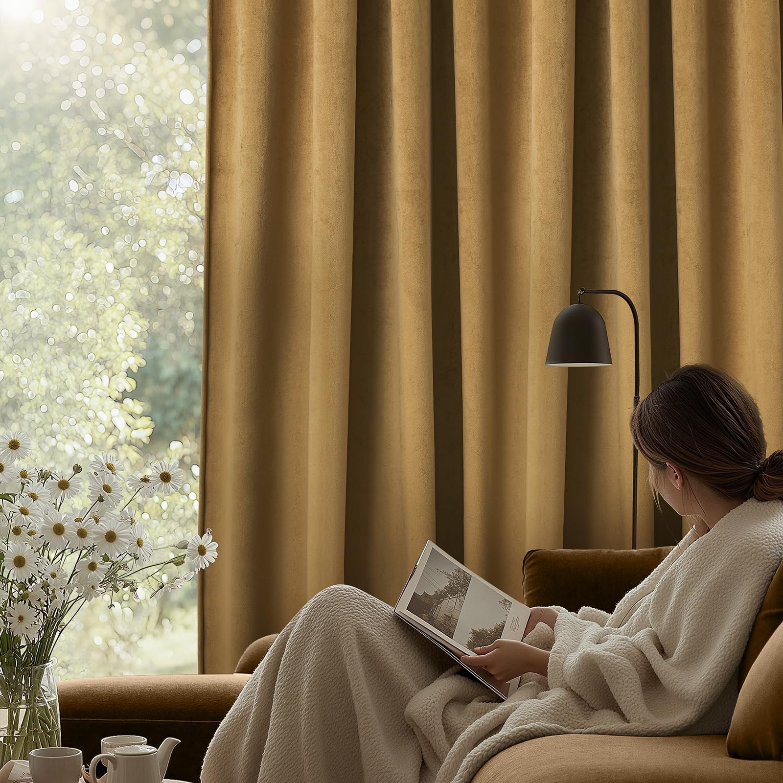 Golden Brown Velvet Curtains 96 Inches for Living Room,Rod Pocket Luxury Blac…