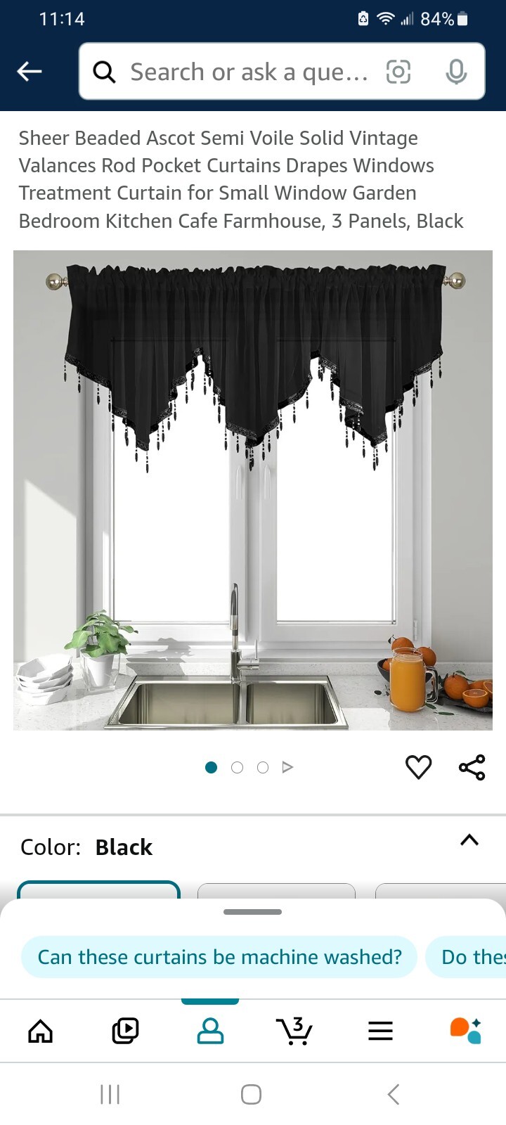 Black Valance Curtain With Beads 3 Piece For 1 Window 51 Inches W x 23 Inches L