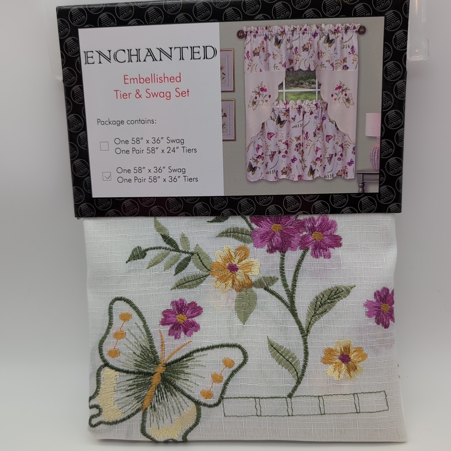 Enchanted Embellished Tier And Swag Curtain Set 58×36 Inches Green/Lavender