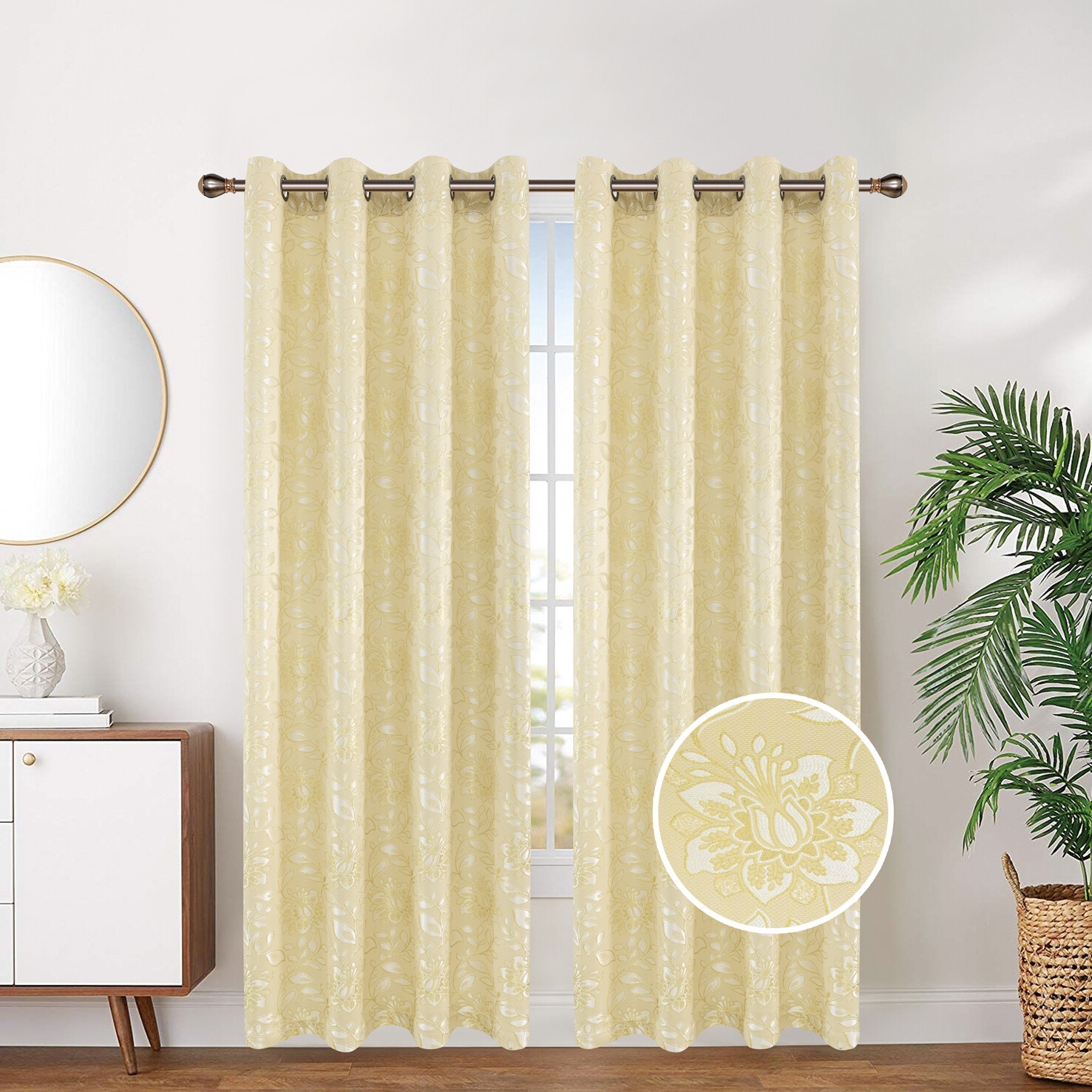 Foil Wave Floral Print Embroidered Grommet Top Window Curtain Panel Drapes 81060