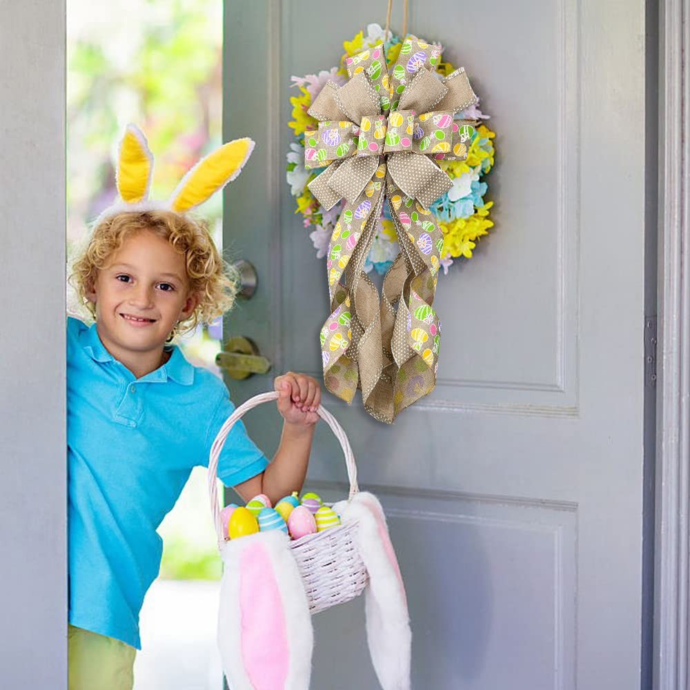 Large Easter Wreath Bows For Front Door Burlap Easter Eggs Tree Topper Set