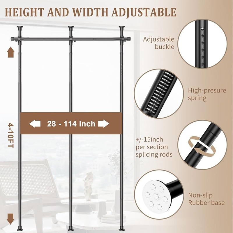No Drill Room Divider Curtain Rod Adjustable Tension Mounted Easy Installation