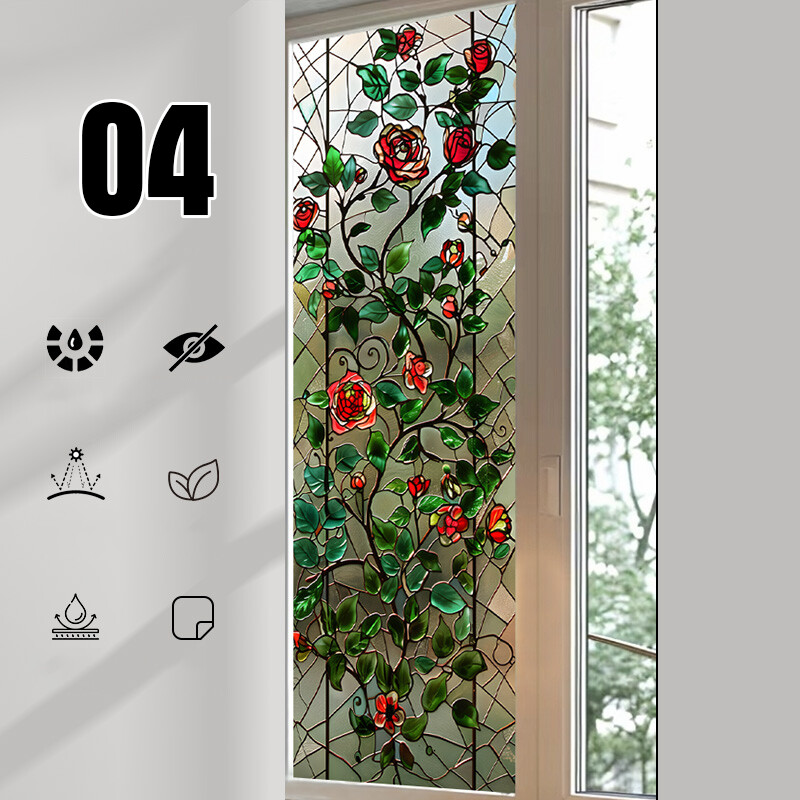 1PC Retro Rose Printed Stained Glass Window Film Self Adhesive Backing Stickers