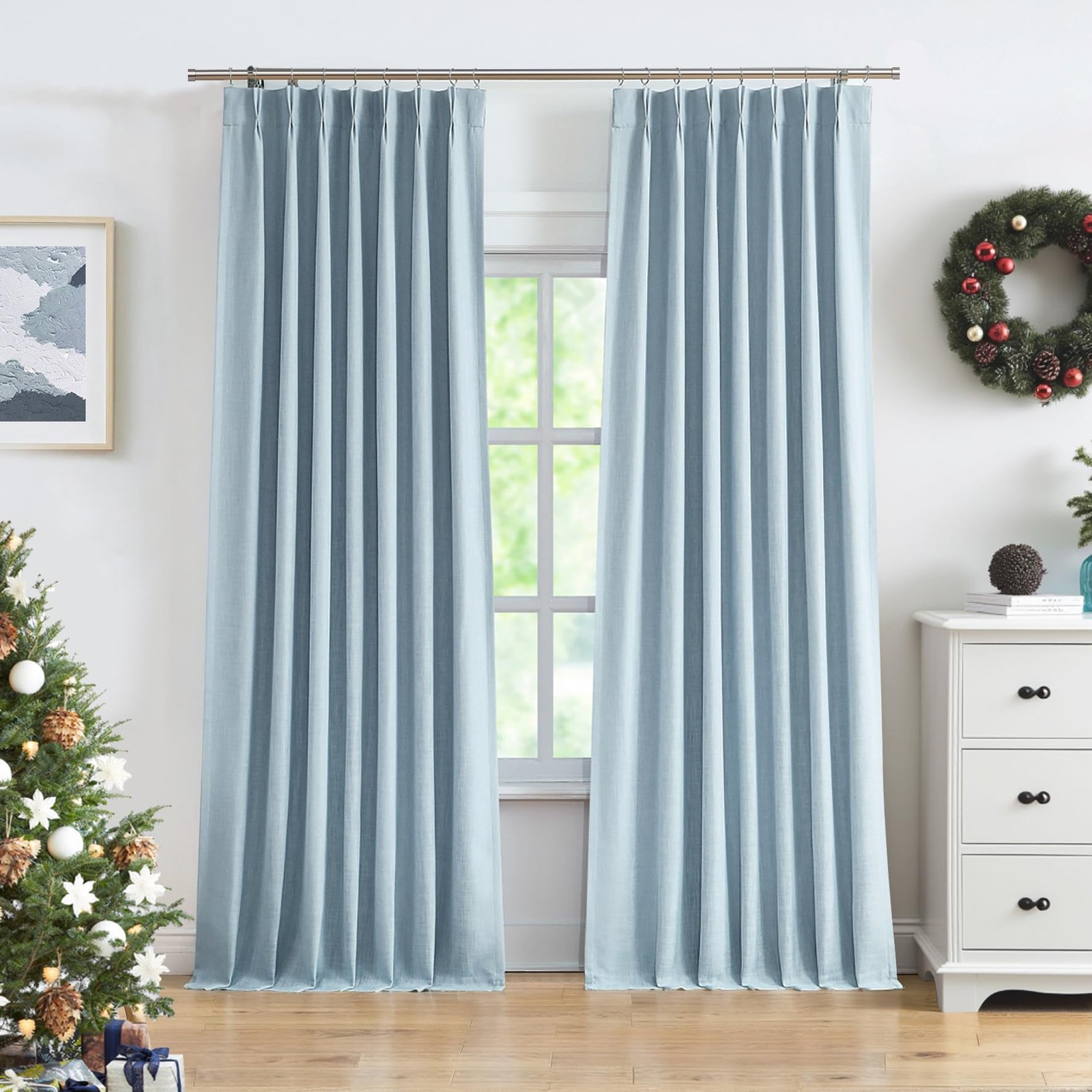 Central Park Dusty Blue Pinch Pleated Full Blackout Curtains Linen Texture
