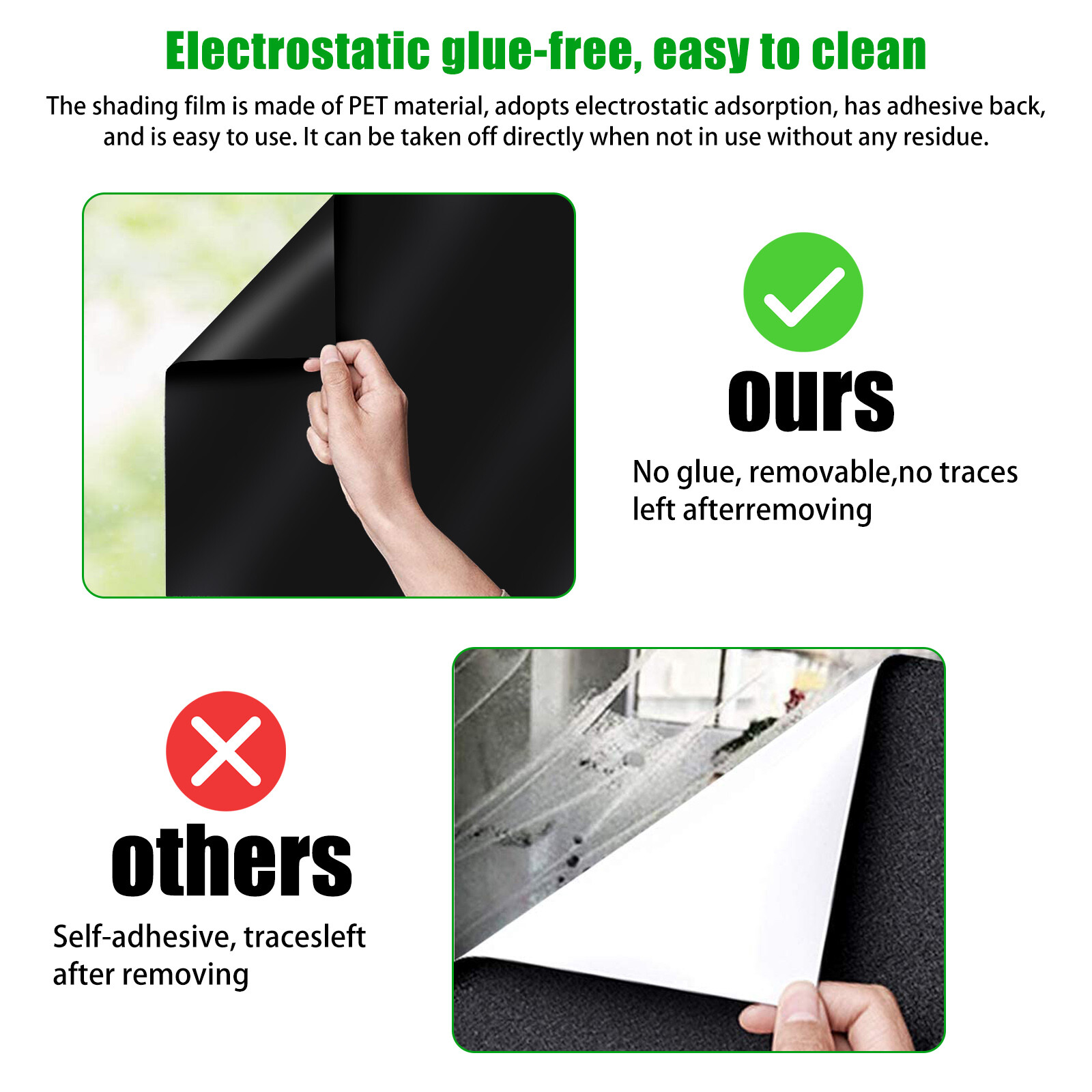 Static Cling Blackout Window Film 100% UV Blocking Thick Black Tinting Cover Set