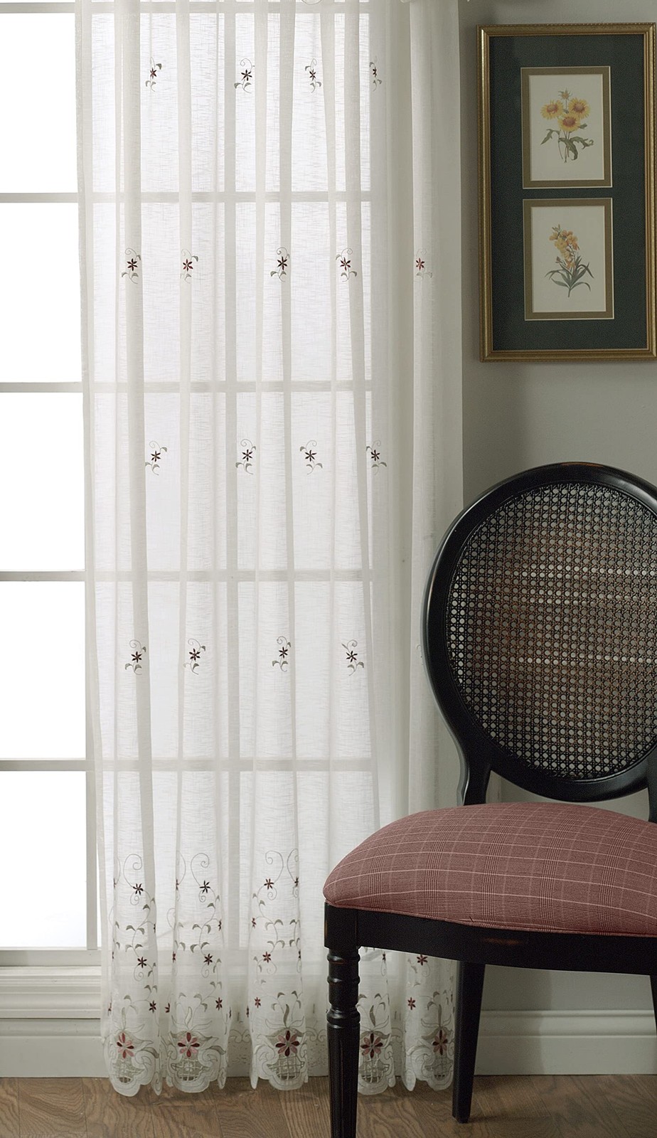 , Sunshine Semi Sheer Embroidery Panel 84″, Ecru/Burgundy, 60″ W x 84″ L