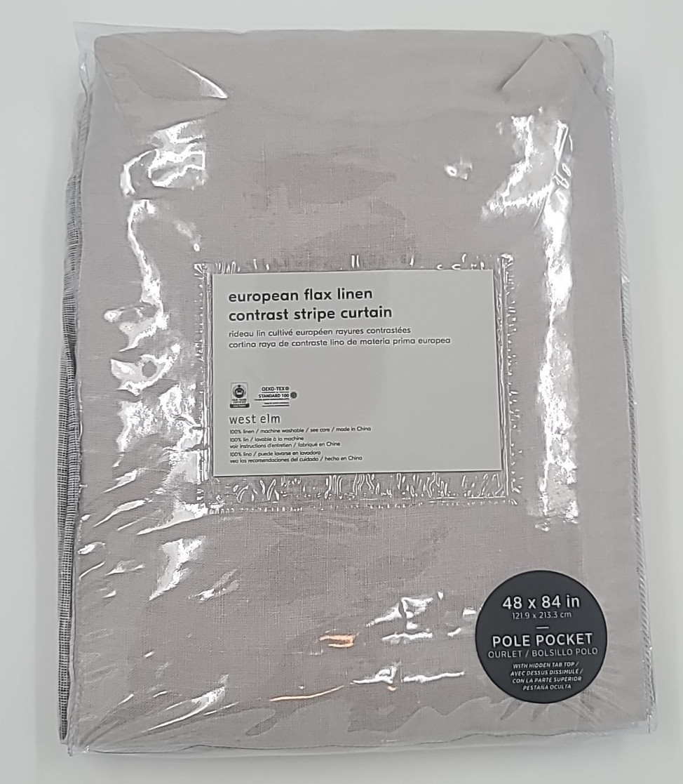 New West Elm European Flax Linen Gray Contrast Stripe Curtain Drape ONE 48×84