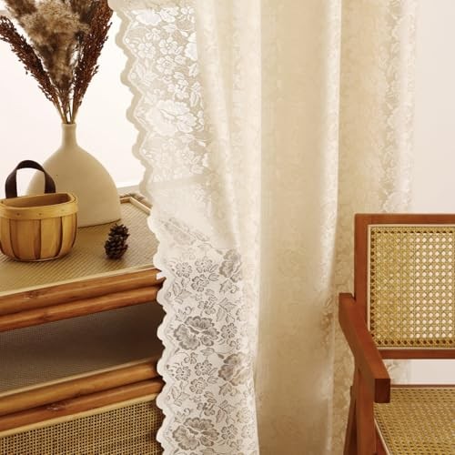 Scalloped Floral Lace Curtains- Vintage Semi 52″W x 96″L (Pack of 2) Beige