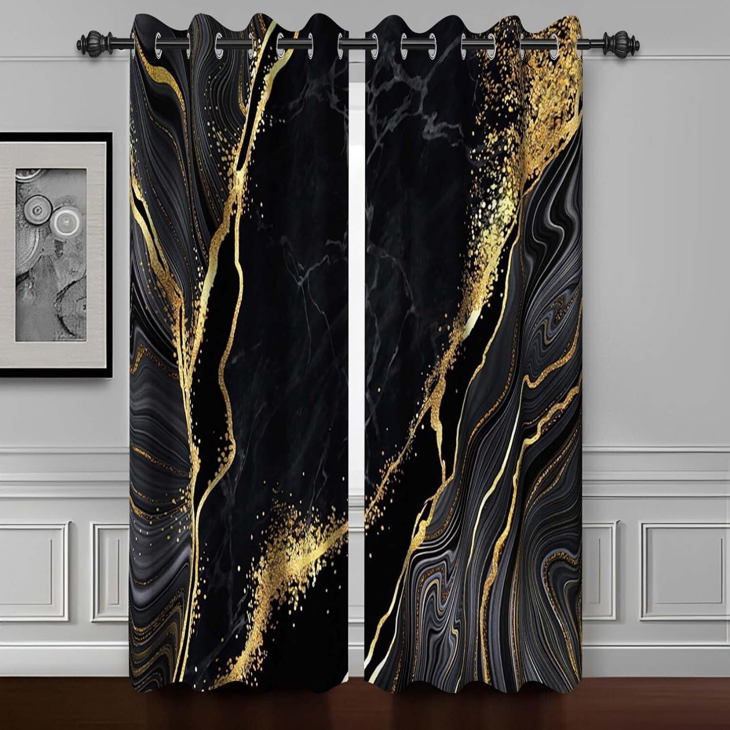 Black Gold Marble Abstract Art Fluid Golden Luxury Print Marble Thermal 53Wx84H