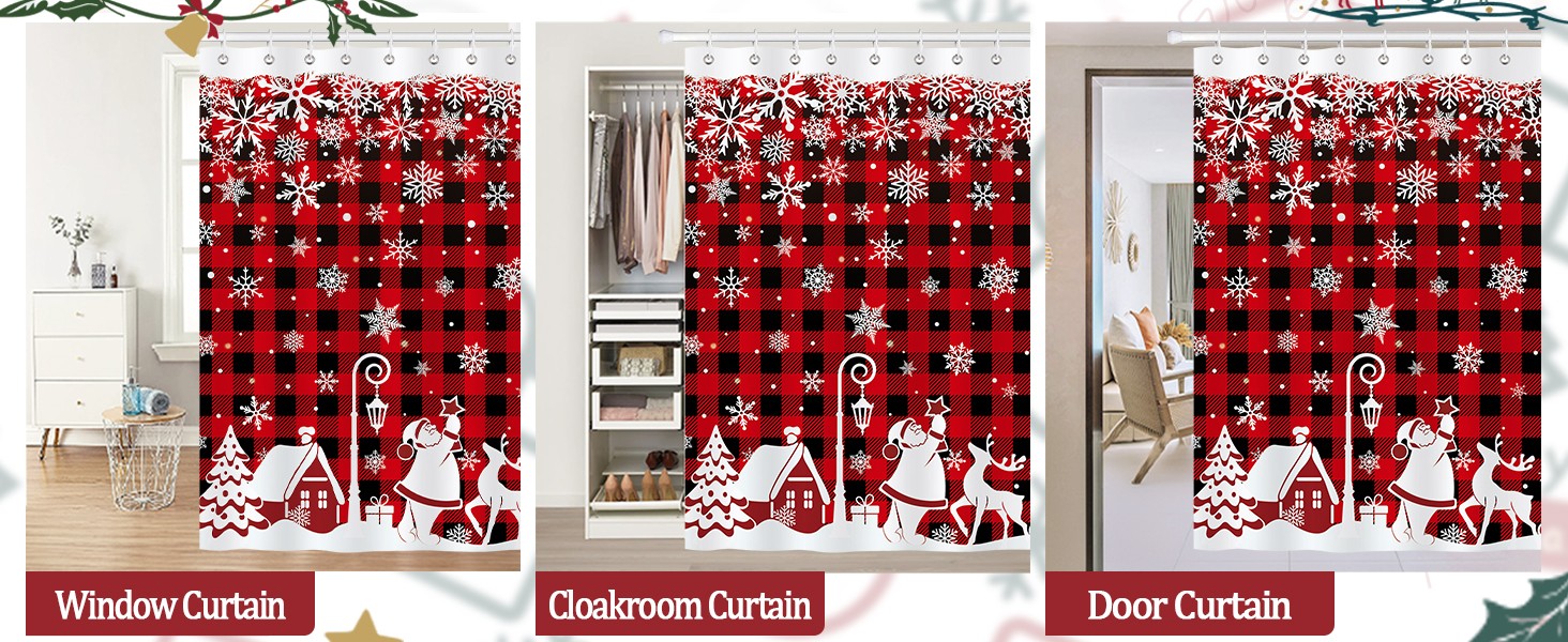 Christmas Shower Curtain, Winter Snowflakes Xmas Village Santa Red Black Plaid