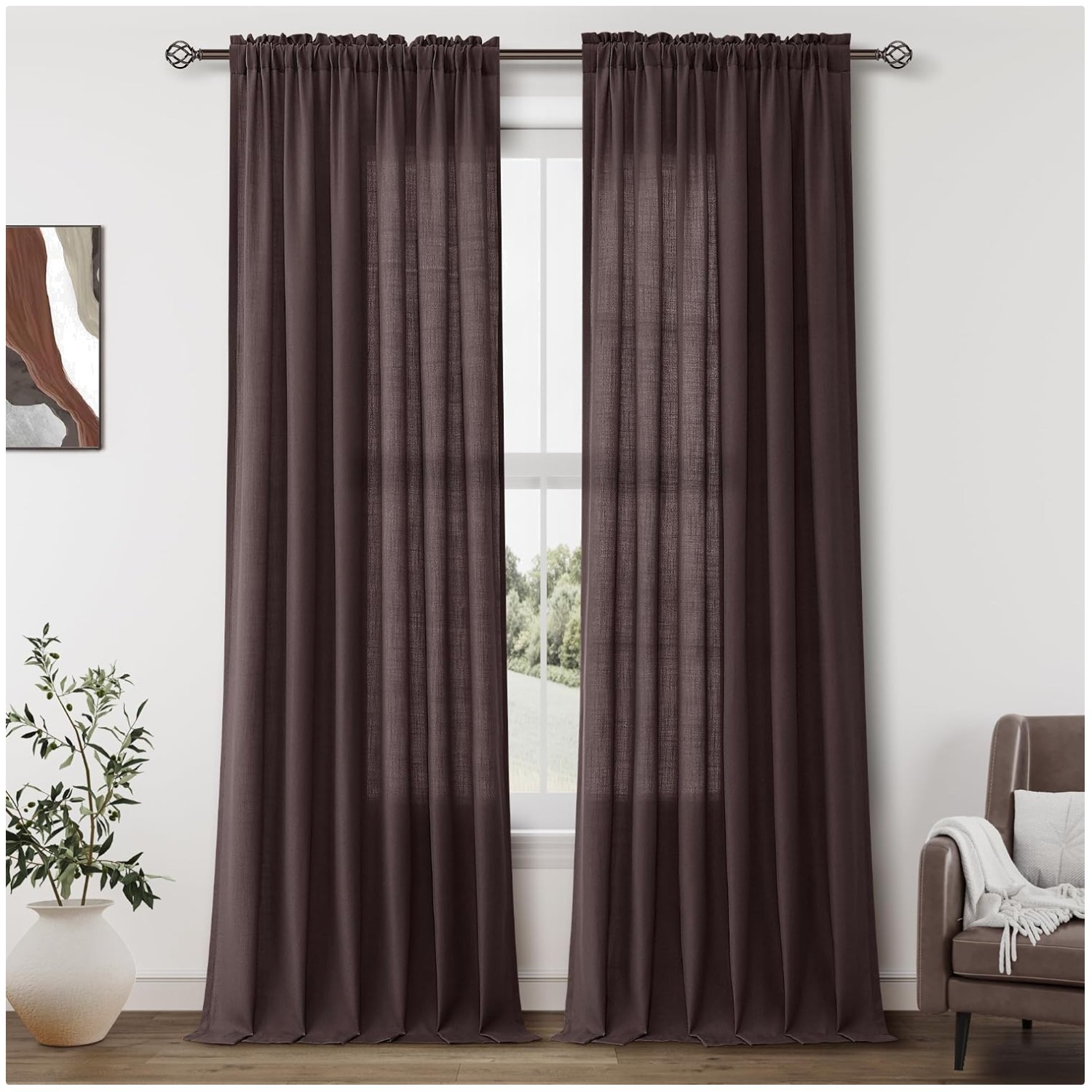 Coffee Brown Linen Curtains 96 Inches Long Rod Poc