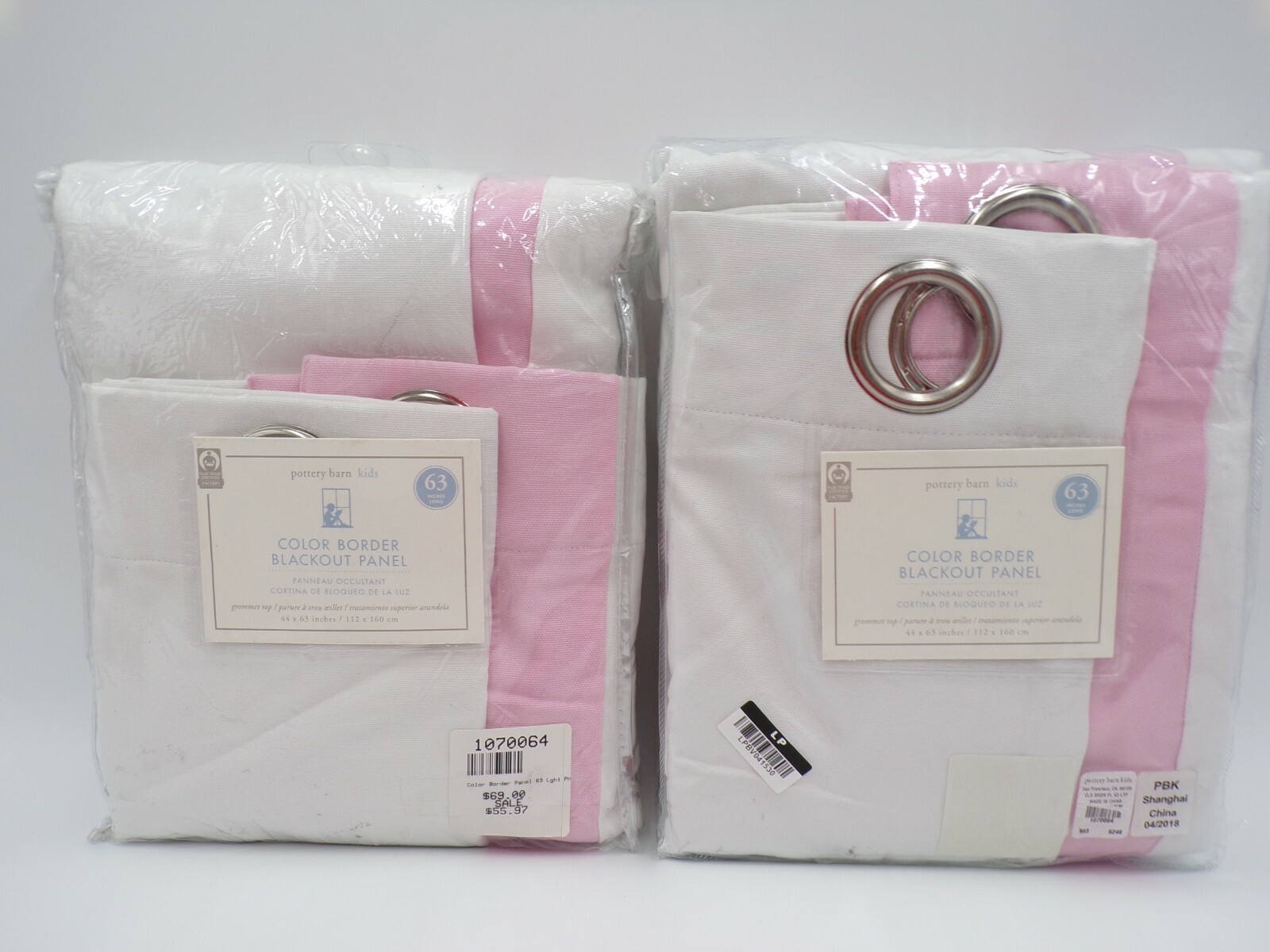 Pottery Barn Kids Color Bordered Grommet Blackout Panel Drape 63″Pink S/2 7393J