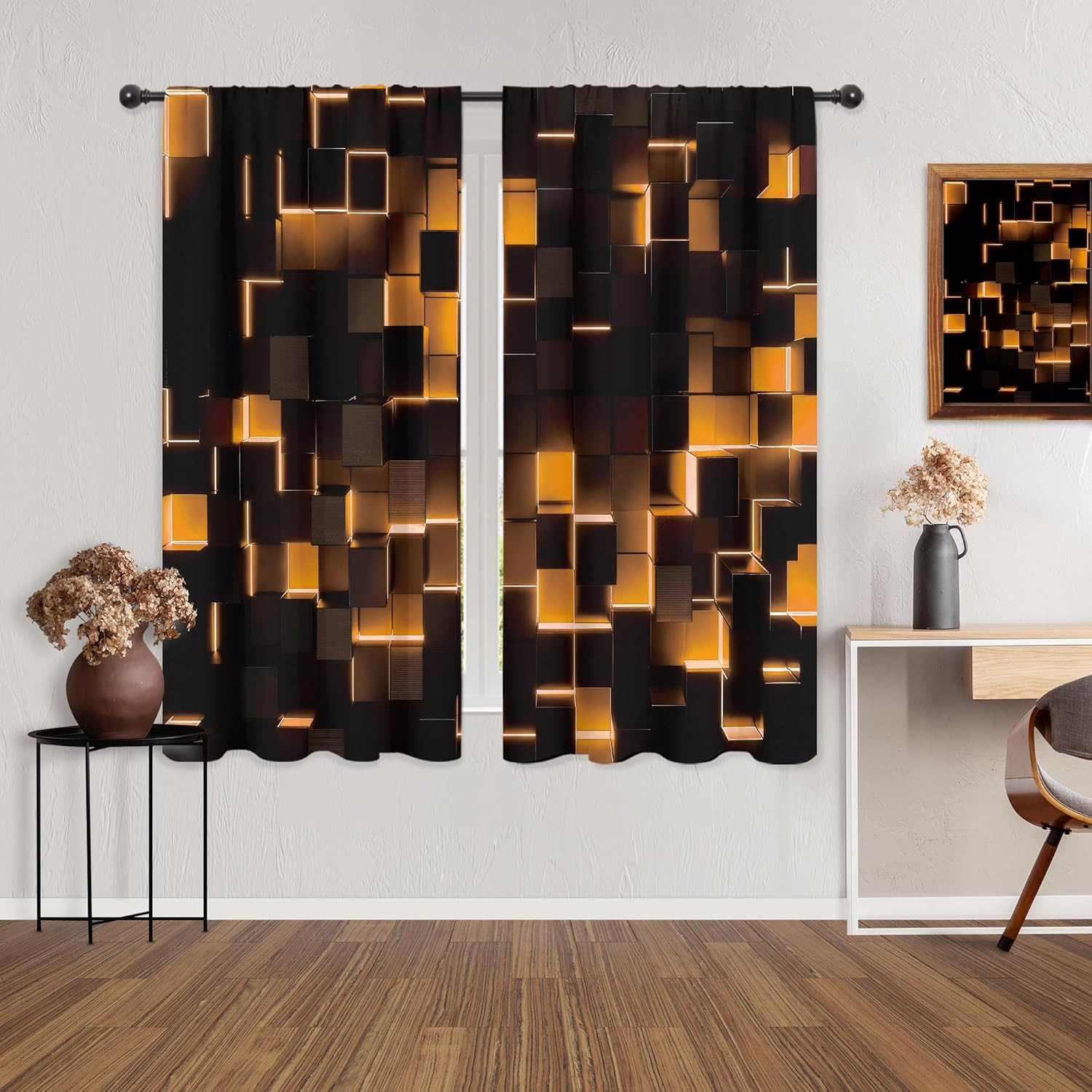 Black Burnt Orange Curtains Abstract 3D Brick Wall Cubes Geometric Cool Rod Poc