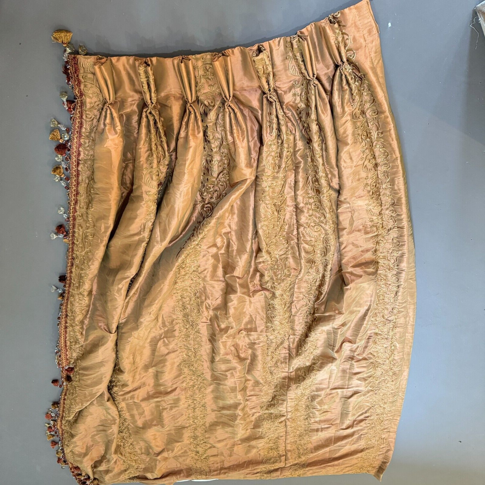 custom pinch pleat drape curtain panel brown damask floral beaded edge