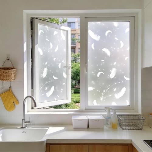 Frosted Glitter Feather Window Privacy Film, 78.5″ L x 17.5″ W, Decorative Non