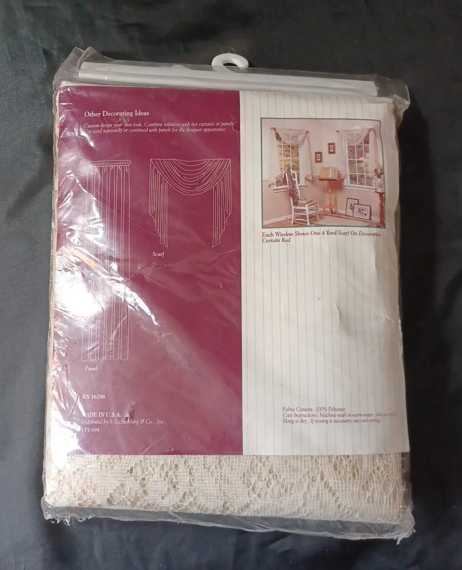 VINTAGE NOS WINDOW SCARF LACE EGGSHELL CREAM MARCIA GRAND MANOR 40″ W X 144 ” L