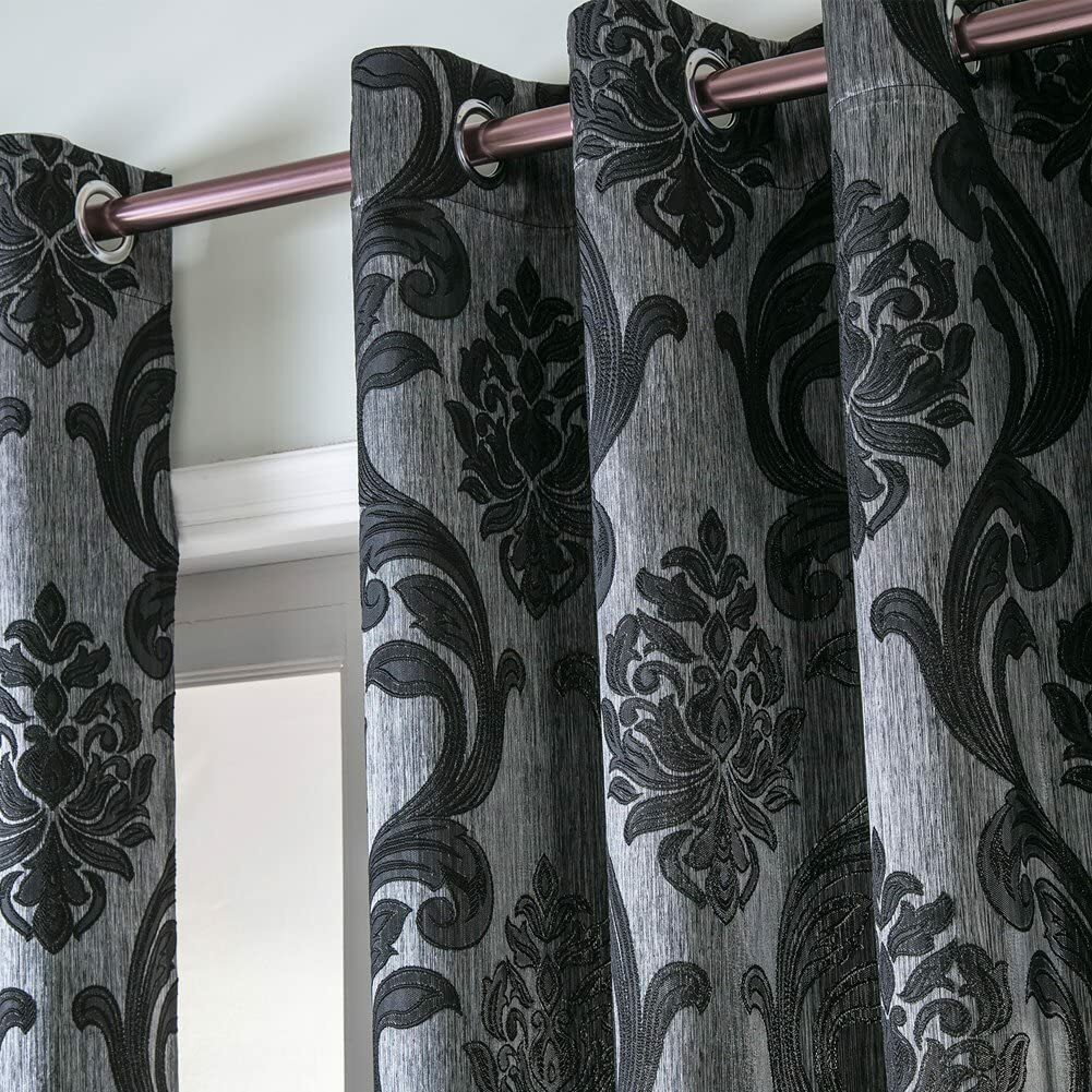 Set 2 Black Damask Elegant Curtains Panels Drapes Pair 84 96 108 in L Darkening