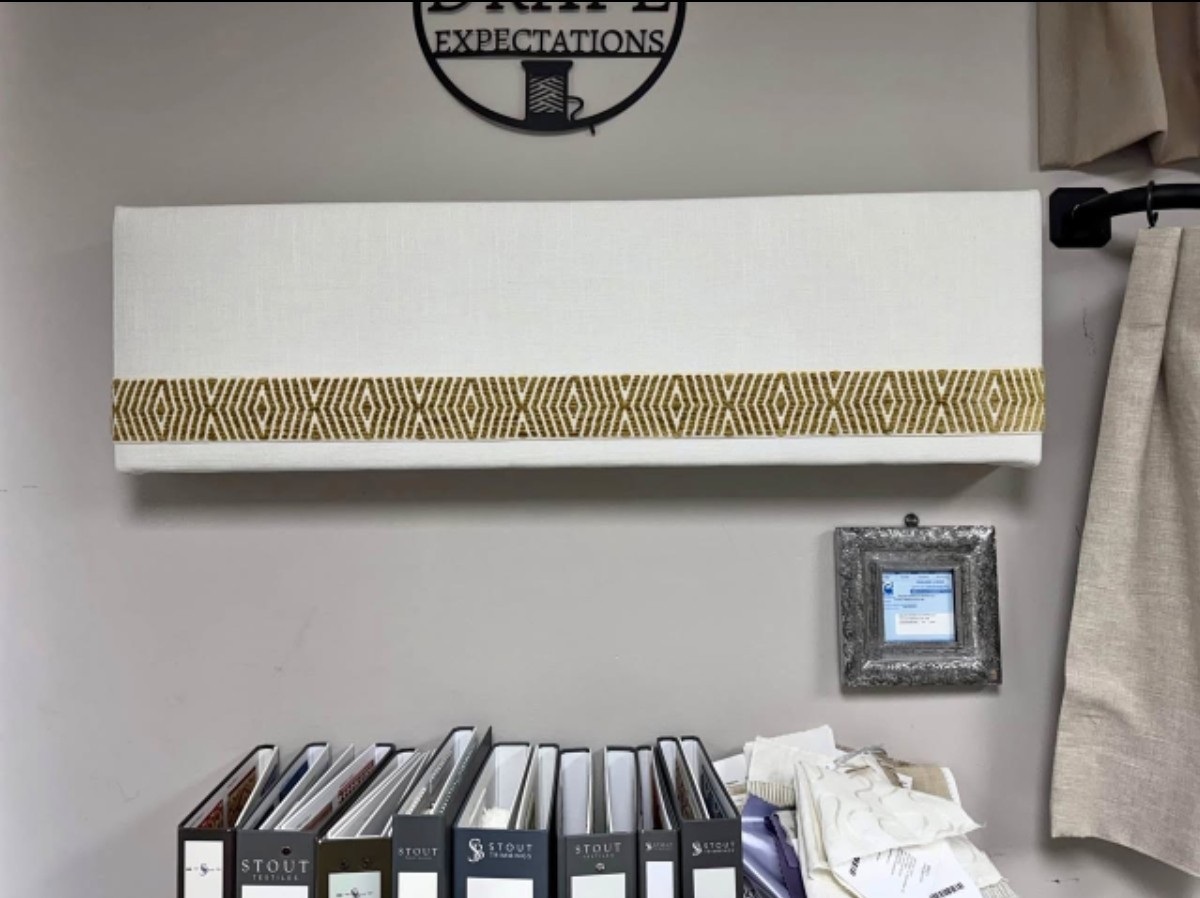 Custom cornice, New-was a display piece. Off white linen with gold trim