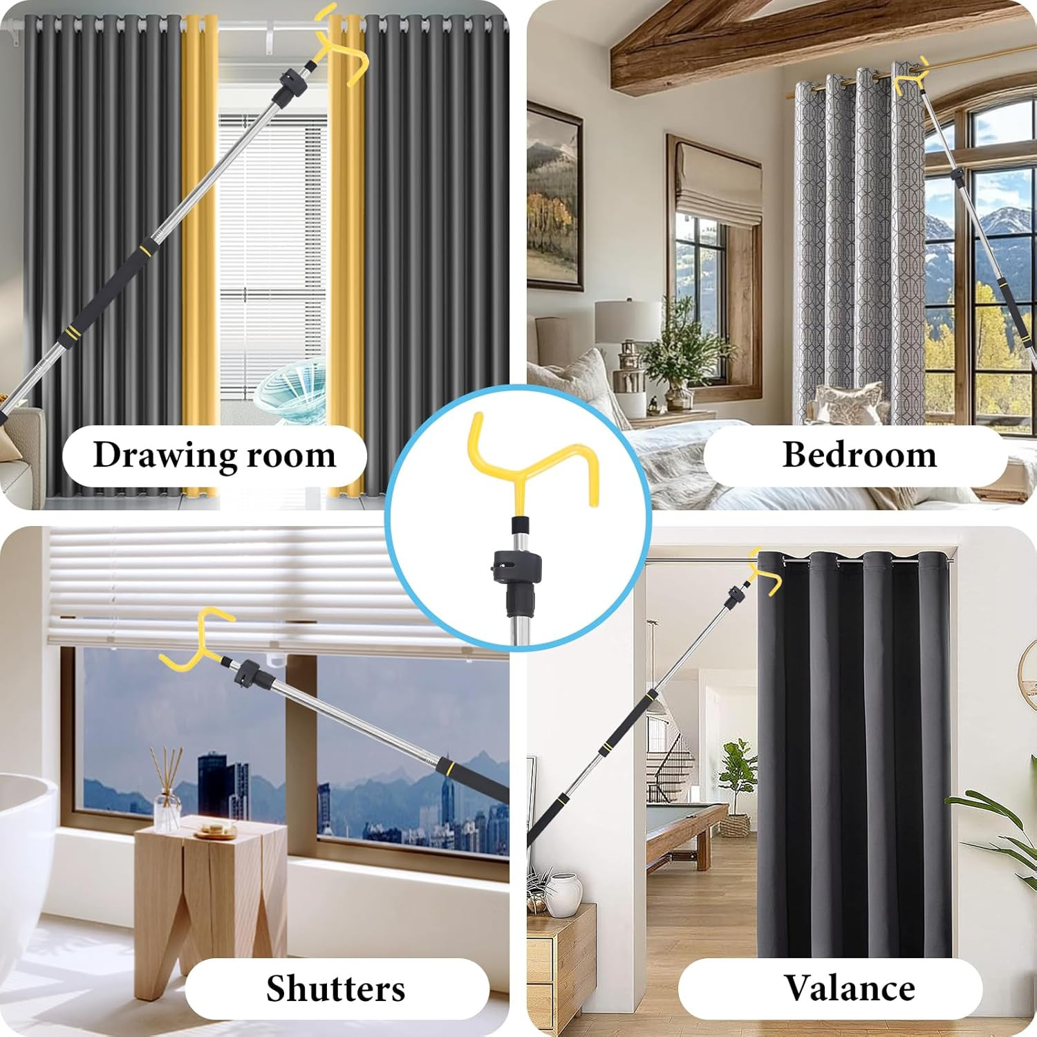 Curtain Pull Wand, Drapery Pull Rod for Curtains Adjustable 3-7.7 Feet Telescopi