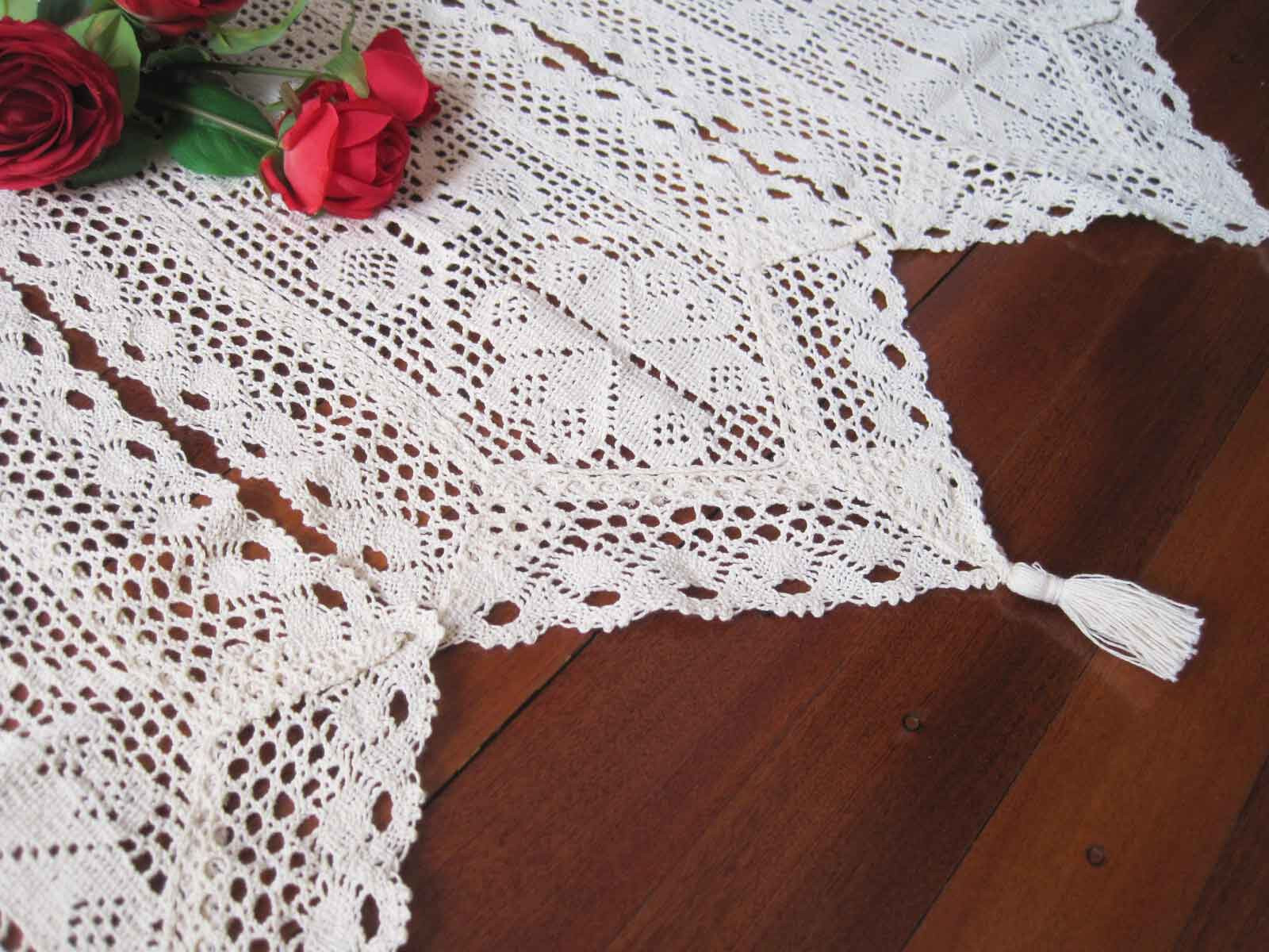 Again@Vintage Style 3 Panel Design Crochet Lace Braid Beige Cotton Door Curtain
